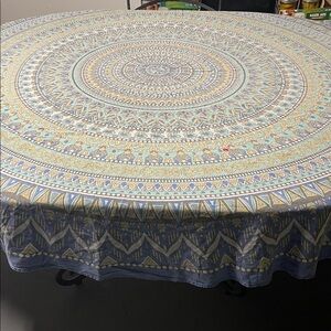 Circular Boho Mandala Tablecloth in Blue & Cream